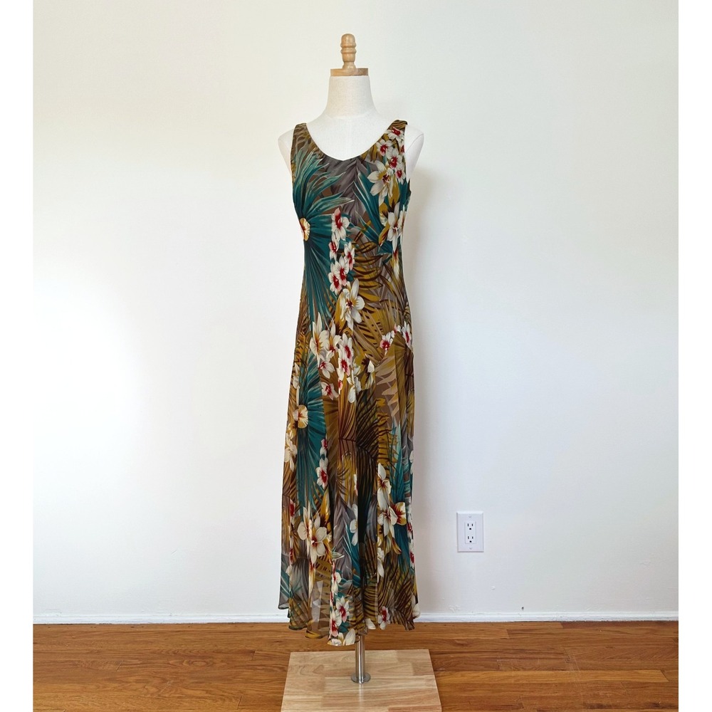Jones New York Maxi 100% Silk Slip Dress Size 12P Tropical Resort Y2K Floral